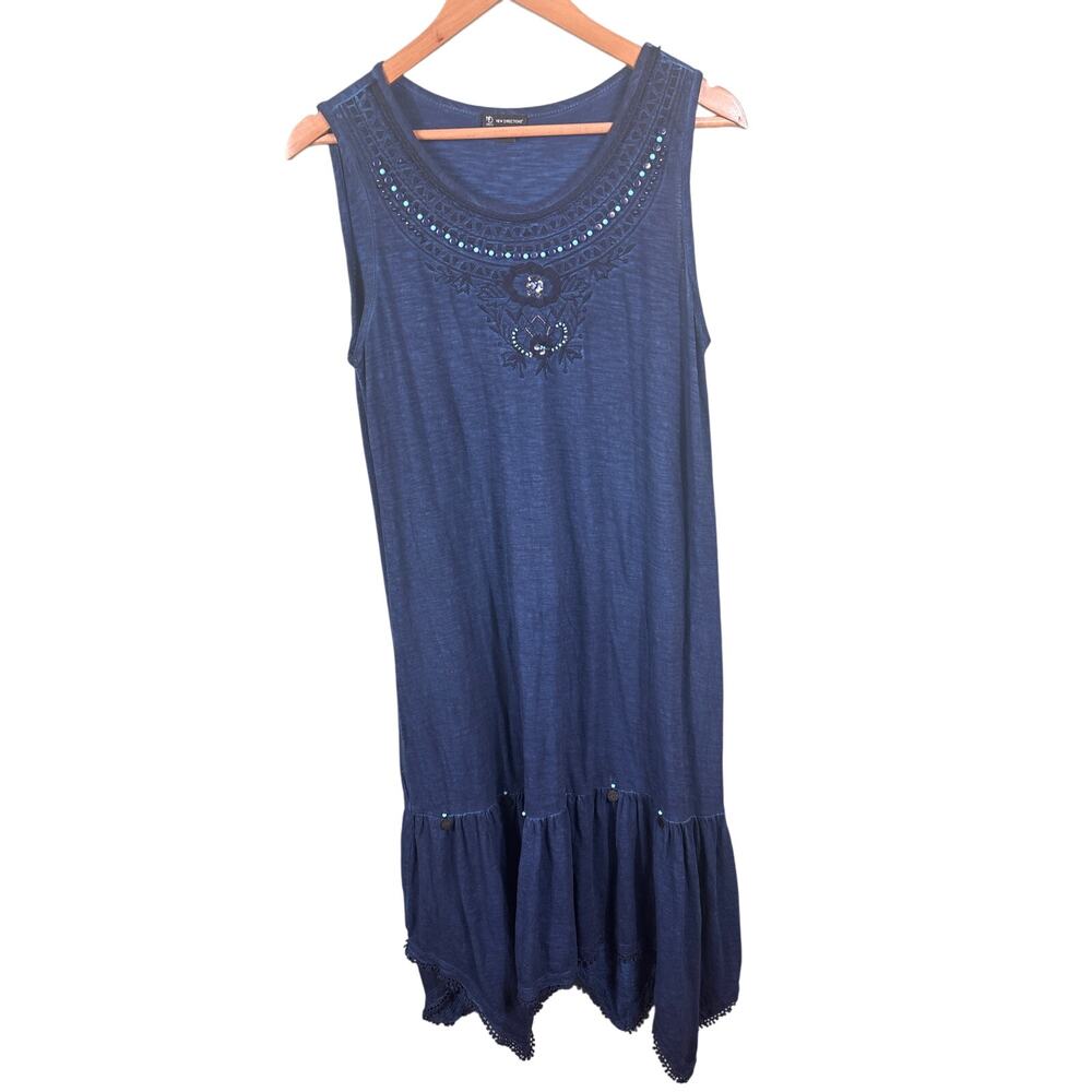 New Directions Womens Size S Navy Beaded Medallion Floral Embroidered Maxi Dress
